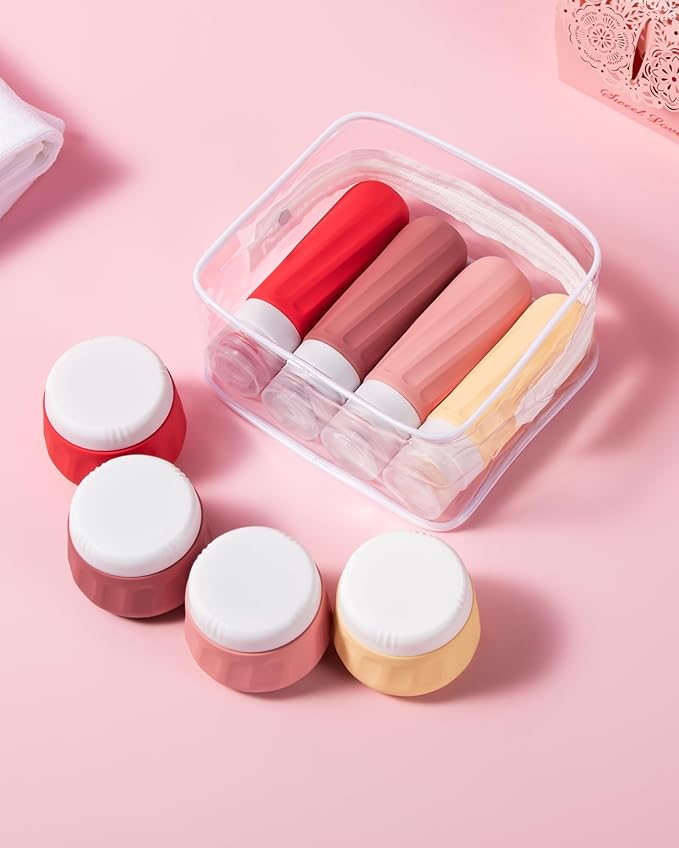 Travel Bottles for Toiletries 8 Pack, Travel Size Toiletries, Tsa Approved Travel Size Containers 3oz, with Travel Essentials Clear Bag, Leak Proof Silicone Squeezable Creams Jars