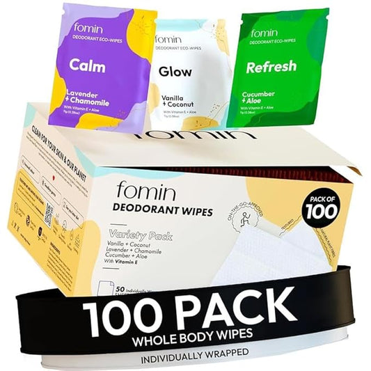 FOMIN Acidified Travel Deodorant Wipes For Women & Men - 100 Count - Variety Pack - pH Balanced, Mini Deodorant Travel Size Wipe - Plastic-Free, Individually Wrapped Underarm Body Wipes
