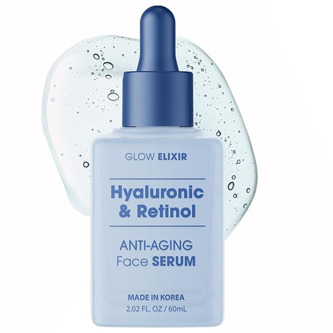 Glow Elixir Hyaluronic & Retinol Face Serum - Dermatologist Tested Anti-Aging Korean Skin Care Hydrates Firms Smooths Improves Texture Evens Skin Tone - Clean Beauty Vegan Cruelty-Free - 1.69 Fl Oz