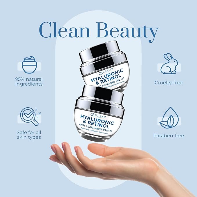 Clear Beauty Hyaluronic Acid & Retinol Day/Night Moisturizer Set - Dermatologist Tested, Anti-Aging, Hydrating Fine Lines & Wrinkles, Clean Beauty, Cruelty-Free Korean Skin Care - 1.69oz (2 Pack)