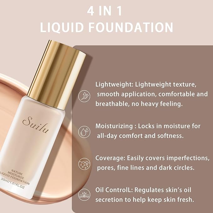Liquid Foundation Lightweight Longwearing Face Makeup Foundation,Medium Coverage,Oil Control,For Dry, Combination to Oily Skin(Natural)
