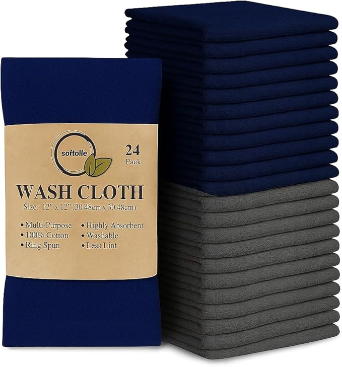 Softolle 100% Cotton Washcloths 24 Pack (12x12 Inches) Soft, Highly Absorbent Washcloth, Face Towels, Wash Cloths for Face, Ring Spun, Bulk Pack (Blue/Grey)