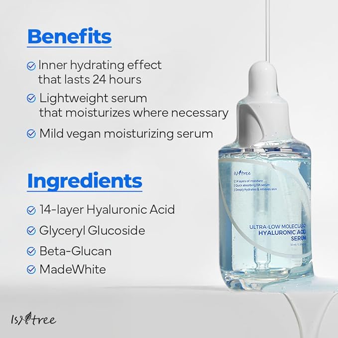 ISNTREE Ultra-Low Molecular Hyaluronic Acid Serum 1.69 fl.oz | Vegan Korean Skincare | 14-Complex Hyaluronic Acid | Deep Hydration | Lightweight & Fast-Absorbing