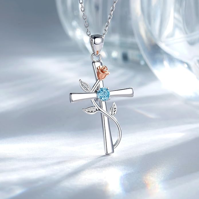 Cross Necklace for Women, 925 Sterling Silver Birthstone Necklace for Women with Rose Flower Birthstone Womens Jewelry Birthday Gifts for Wife Women