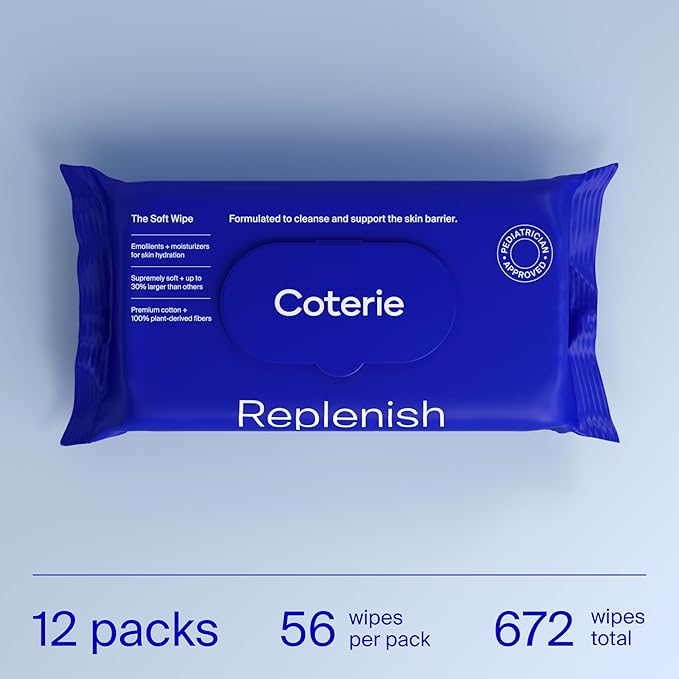 Coterie Baby Soft Wipe for Sensitive Skin, Hydrating Moisturizers and Emollients, Made with Cotton, Plant-Based & Plastic-Free Fibers, Hypoallergenic, Clean Gentle Baby Essentials, 12 Pack, 672 Count
