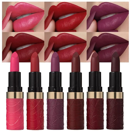 evpct 6Pcs Pink Dark Ruby Wine Red Plum Purple Matte Lipstick Sets for Women Velvet Lipstick Long Lasting Waterproof 24 Hours Lip Stick Stain Makeup Gift Set labiales mate 24 horas originales B