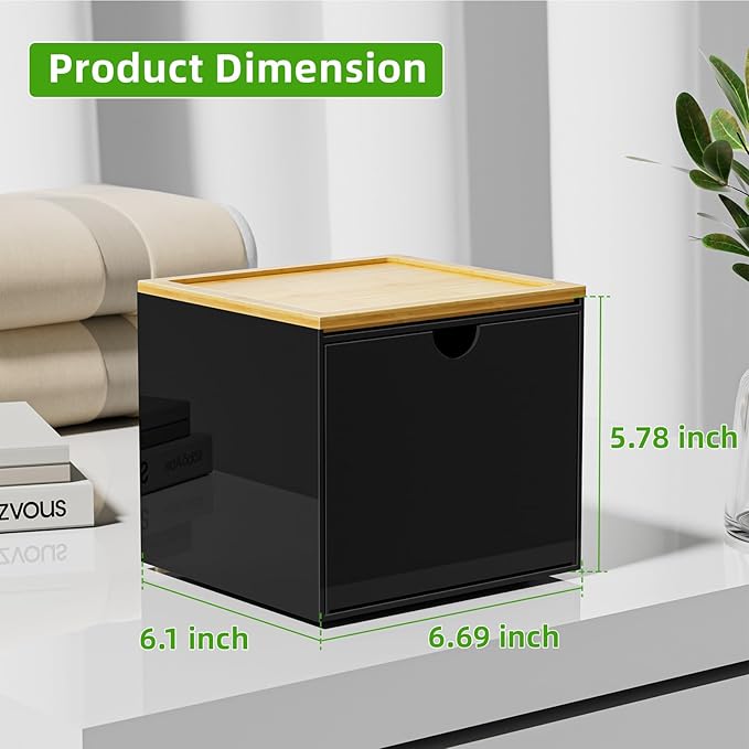 VITVITI Drawer Disposable Face Towel Holder Box, Acrylic Facial Towel Container for XL Clean Skin Club, Large Disposable Face Towels Storage with Bamboo Lid, for Bathroom, Vanity Makeup, Black