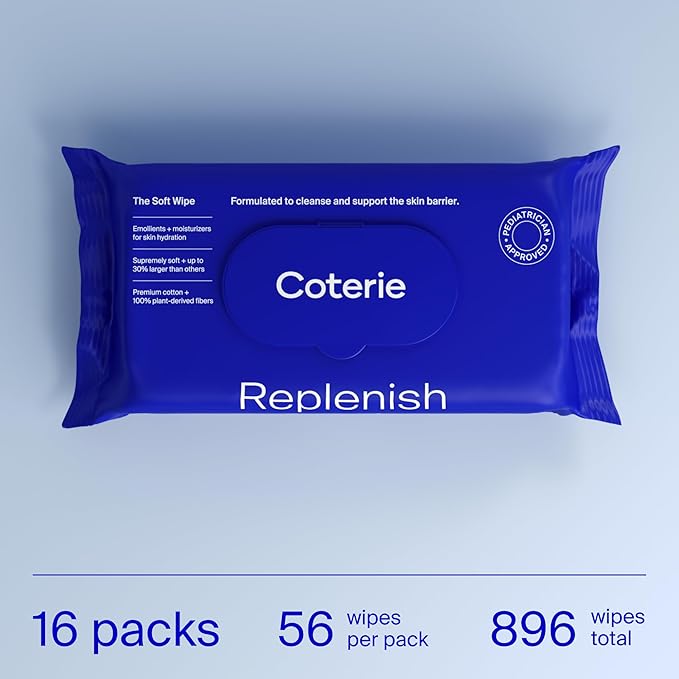 Coterie Baby Soft Wipe for Sensitive Skin, Hydrating Moisturizers and Emollients, Made with Cotton, Plant-Based & Plastic-Free Fibers, Hypoallergenic, Clean Gentle Baby Essentials, 16 Pack, 896 Count