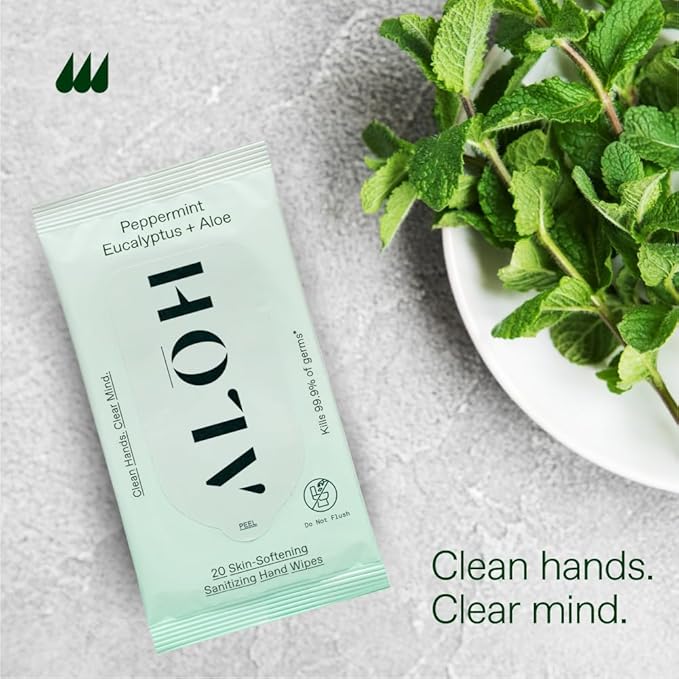 ALŌH Peppermint Eucalyptus + Aloe Sanitizing Hand Wipes - Clean Hands, Clear Mind On The Go Sanitizer for Kids and Adults - Travel Size 3 Pack 20ct Wipes (60 Wipes)