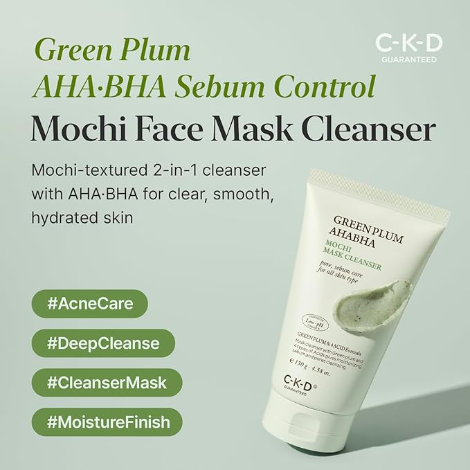 CKD Green Plum AHA·BHA Clay Mask Cleanser - All in One, Korean Face Wash + Makeup Remover + Gentle Scrub with Controls Sebum, Tightens Pores, Removes Blackheads. All Skin Types. 4.58 oz