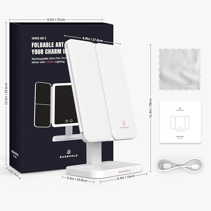 EASEHOLD Vanity Mirror with Lights, 2X 3X Magnification, Trifold, Rechargable, Touch Control - Gifts for Girls & Women