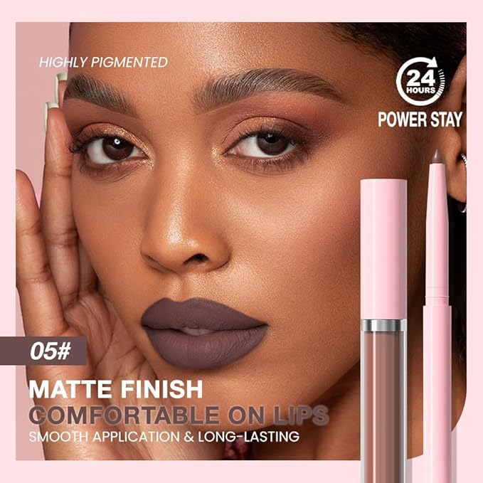 AMY'S DIARY 2pcs Matte Dark Red Lip Liner & Lipstick Makeup Set, Liquid Lipstick 24H and Lip Liner Set Matt Liquid Lips Make Up Waterproof Long Lasting (05#, 2 Pcs Set)