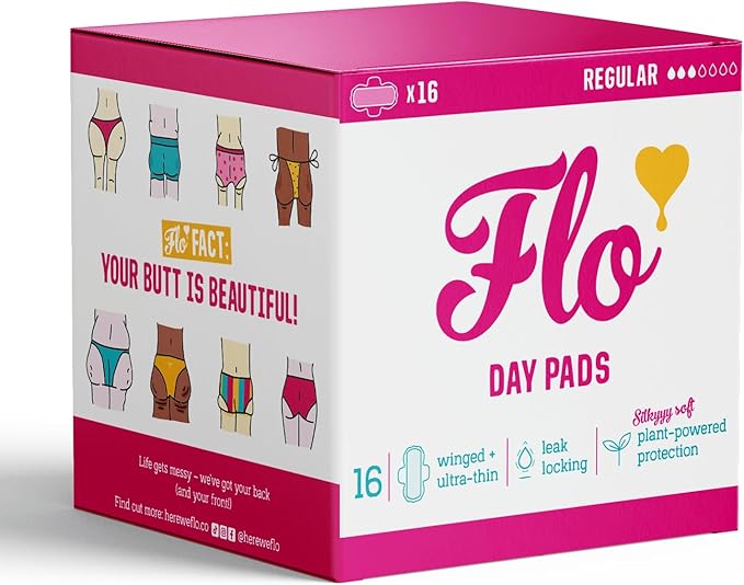 Flo Bamboo Day Period Pads with Wings (16 Pads) - Super Absorbent, Soft, Thin