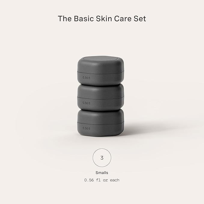 Cadence Travel Containers Basic Skincare Set - Magnetic Containers with Lids,Carry On Travel Essentials For Women/Men - 3 Small Capsules (0.56oz) - Cleanser, Moisturizer & Sun-Icon Labels - Charcoal