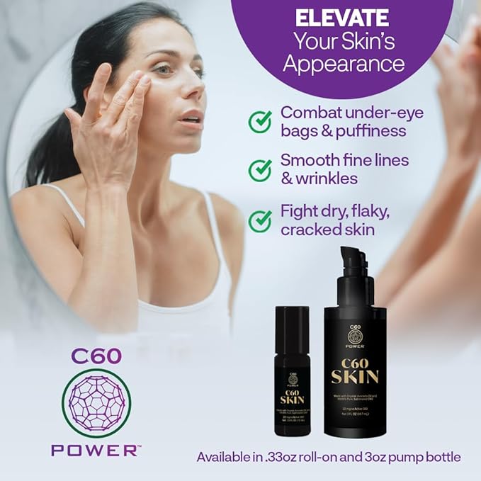 C60 Power Skin Roll On - Roller for Face, Hands & Body, Made with Organic Avocado Oil & 99.99% Pure Sublimated Carbon 60, Age Defying Skin Care, Natural Support for Wrinkles & Dry Patches - 0.33 fl oz