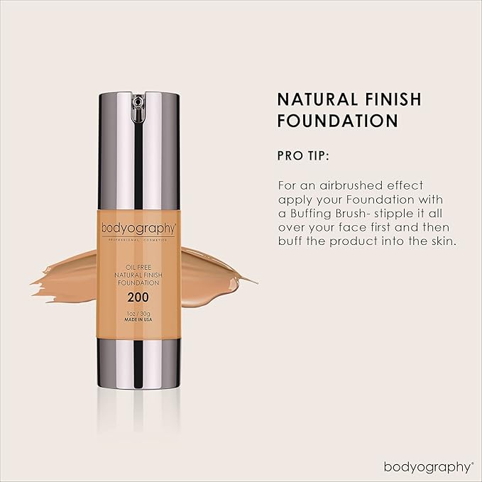 BODYOGRAPHY - NATURAL FINISH Foundation (Med/Dark#200): Oil-Free Anti-Aging Salon Natural Finish w/ Vitamin E, C, Antioxidants | Vegan, Gluten-Free, Paraben-Free