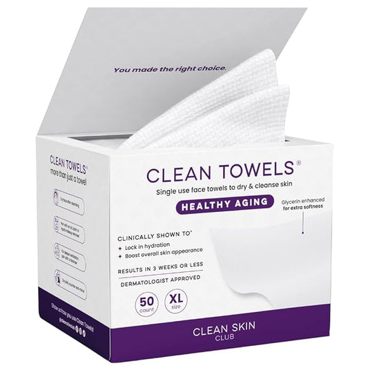 Clean Skin Club Healthy Aging Clean Towels® XL, Smooths Fine Lines Wrinkles & Texture in 6 weeks, Treated for Extra Softness, Disposable Face Towels, Anti Aging Makeup Remover Dry Wipe, 50 count