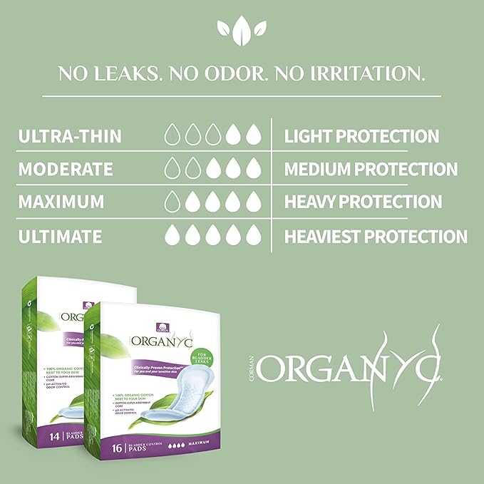 Organyc – 100% Organic Cotton Inside and Out Light Incontinence Pads for Bladder Leaks, FSA/HSA Eligible, Ultimate Flow, 14 Count
