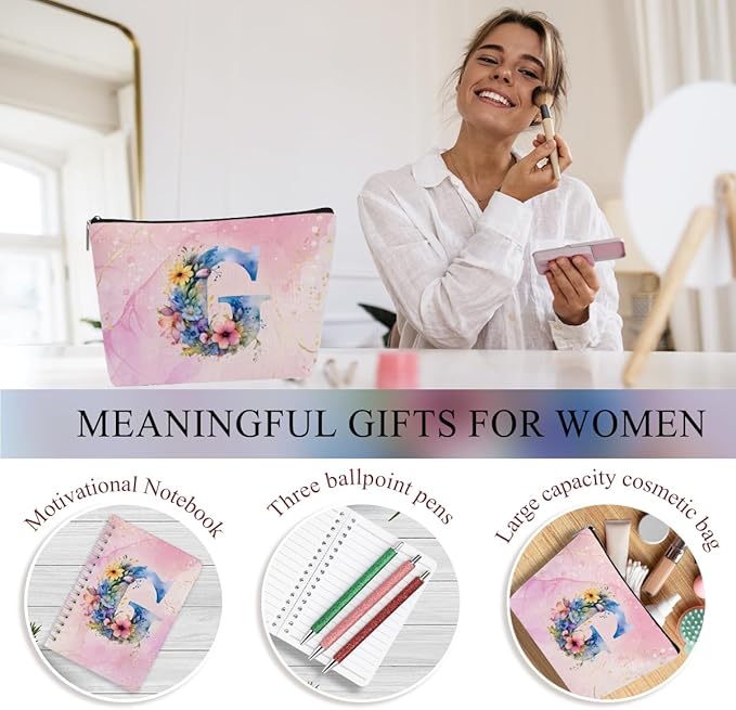 Personalized Gifts Monogrammed Birthday Gifts for Women, Her Employee Housewarming Christmas Initial 20 oz Tumbler, Makeup Bag Cup Ballpoint Pens Journal Notebook 6 Set, (Aesthetic Pink Flower G)