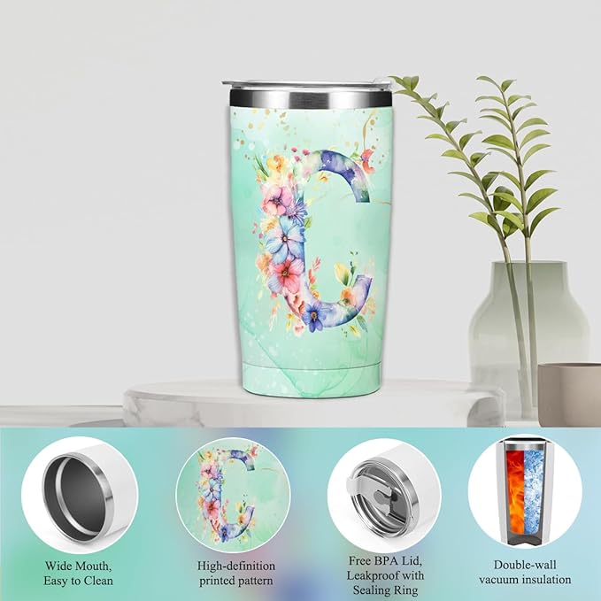 Personalized Gifts Monogrammed Birthday Gifts for Women, Cowerker Wife Sister Wedding Christmas Initial 20 oz Tumbler, Makeup Bag Cup Ballpoint Pens Journal Notebook 6 Set, (Aesthetic Green Flower C)