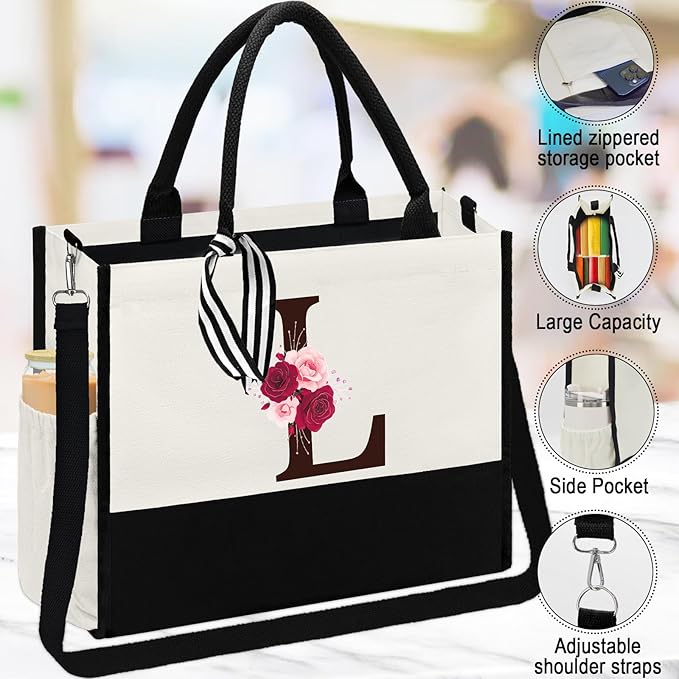 Birthday Gifts for Women,Initial Canvas Tote Bag,Monogrammed Gift for Women,16oz Initial Glass Cup,Makeup Bag with Zipper,Jewelry Organizer Box,Personalized Gifts for Mom-L