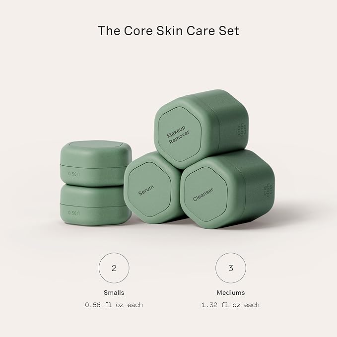 Cadence Travel Containers - Core Skincare Set - Magnetic Containers with Lids,2 Small (0.56oz) & 3 Medium (1.32oz) - Cleanser, Moisturizer, Serum, Makeup Remover & Sun Icon Labels - Eucalyptus