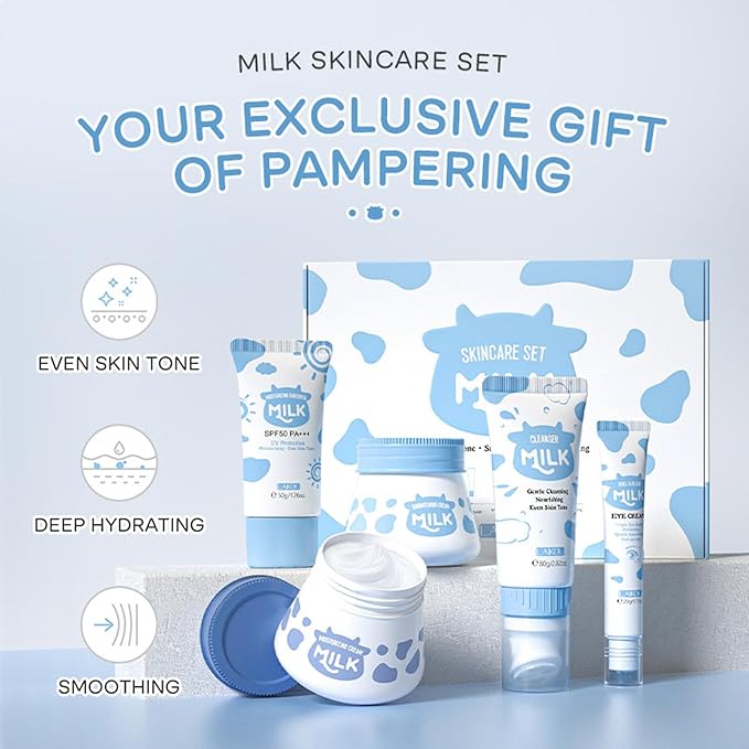 Skincare Gift Set for Women, Milk Skin Care Sets - 5PCS Skincare Essentials Set with Eye Cream, Cleanser, Face Cream Sunscreen, Cream for Teenage Girl Women Beauty Skin Care Gift Set
