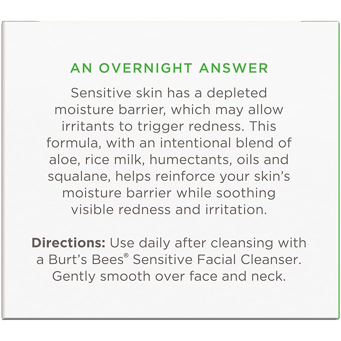Burt's Bees Calming Night Cream With Aloe and Rice Milk, Face Moisturizer For Sensitive Skin Infuses Skin With Moisture While You Sleep, 98.8 Percent Natural Origin Skin Care, 1.8 oz. Tub