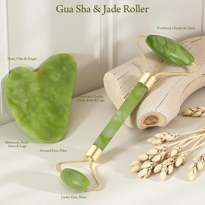 Real Perfection Gua Sha Facial Tools Face Roller for Wrinkles Jade Roller and Gua Sha Set, Scrubber Pore Brush Headband Skin Care Tools for Travel Skincare Routine Massaging Reducing Puffiness - Green