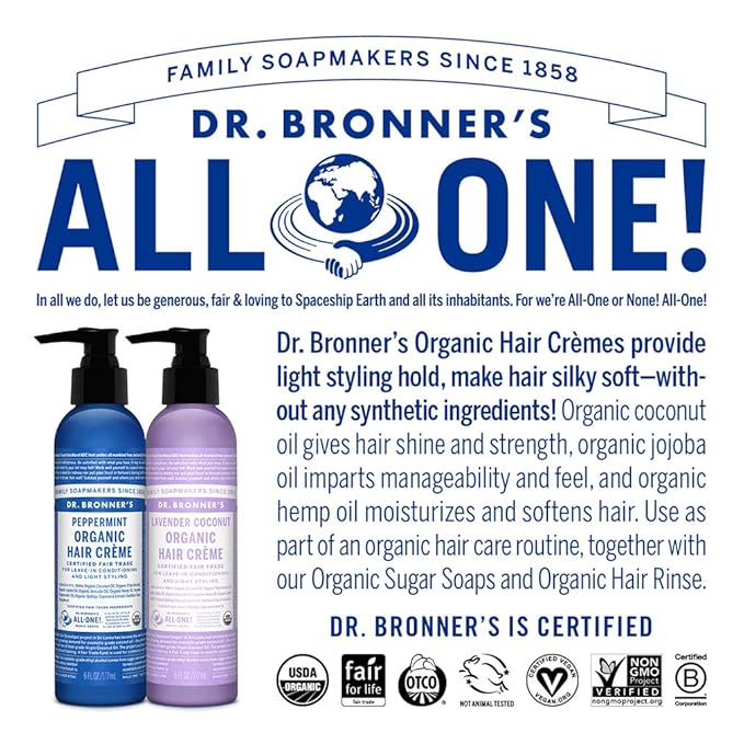 Dr. Bronner's - Organic Hair Crème (Peppermint, 6 Ounce, 2-Pack) - Leave-In Conditioner and Styling Cream, Made with Organic Oils, Hair Cream Supports Shine and Strength, Nourishes Scalp, Non-GMO