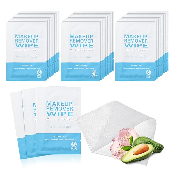 50 Pack Individual Makeup Remover Wipes, Individually Wrapped Face Cleansing Wipes, Travel Makeup Remover Cloth for Travel, Hotel Skin Care(Blue)