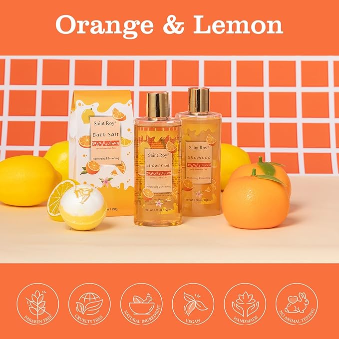 Orange Scents spa gift set Great Gift Lemon Spa Gifts for girls, Body care Set Birthday Gifts, Gift Baskets for Women, 11pcs Bath Gift Set for Women, Self Care Spa Kit Lemon Citrus Spa Gift Basket