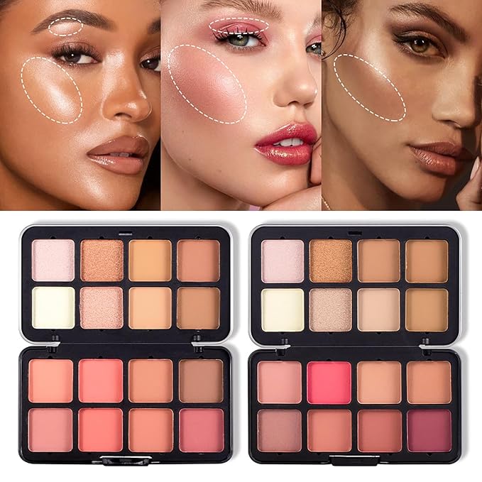 Blush Palette, 16 Colors Highlighter Blush Powder Makeup, Long-Wearing, Smudge Proof, Natural-Looking, Blendable Cruelty-Free Matte Finish, Cream Contour Palette and Blush Palette Face Makeup