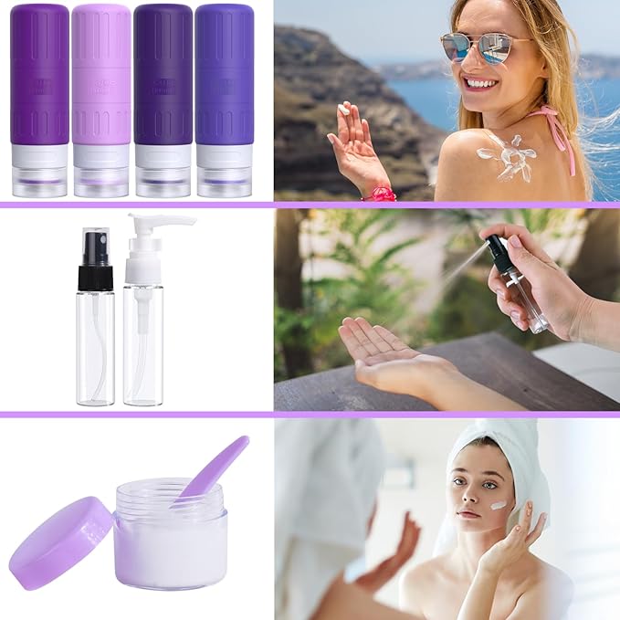 GLAMFIELDS Travel Bottles for Toiletries,TSA Approved 3.3oz Size LeakProof Silicone Toiletry Containers for Shampoo, Conditioner,Easy to Squeeze,Portable Travel Essentials for Lotion(18 Pack) Purple