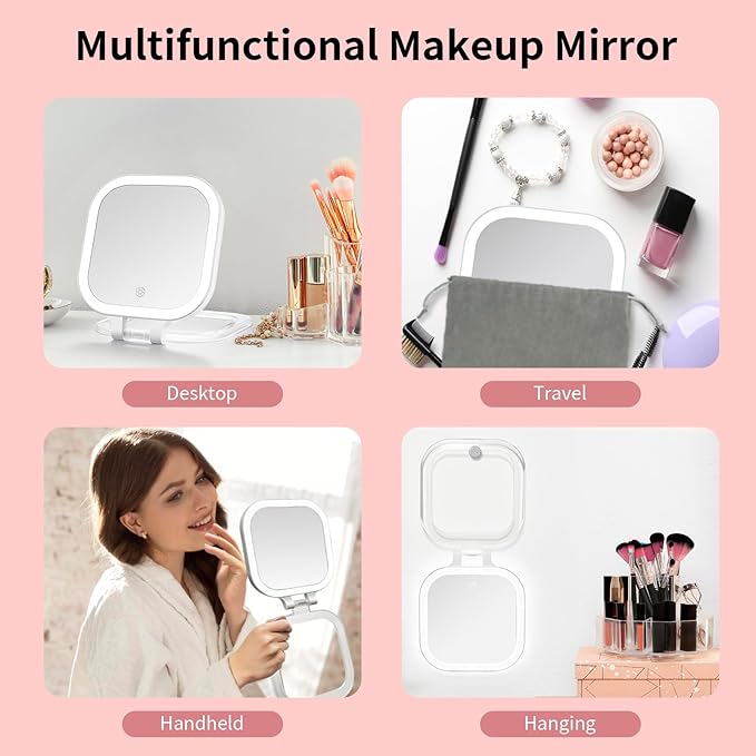 DESCHEN Rechargeable Travel Makeup Vanity Mirror with Lights and Magnification, Portable 1X/10X Magnifying Mirror with 3 Color Light, Lighted Makeup Mirror with Magnification, Folding LED Desk Mirror