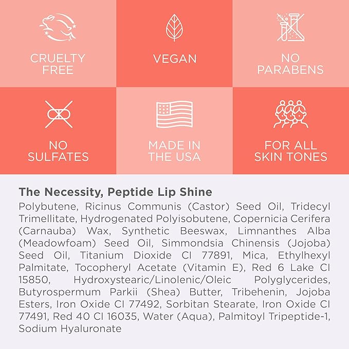 Côte Beauty's Peptide Lip Shine in Branson, Ultra Hydrating & Long-Lasting Coral Plumping Lip Gloss for Women with Hyaluronic Acid, Shea Butter & Jojoba Oil, Vegan & Cruelty-Free, 0.12 Fl Oz