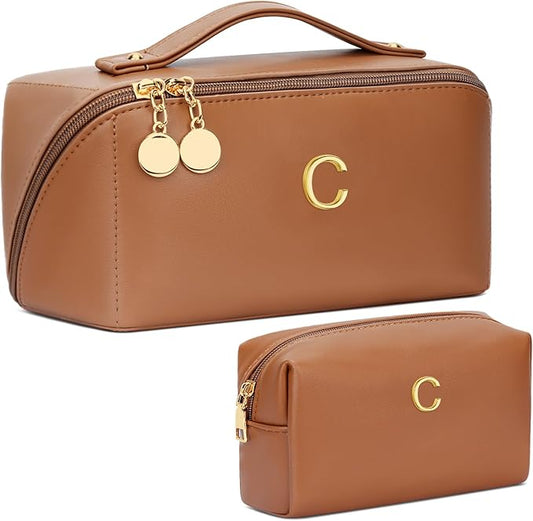 Birthday Gifts for Women Teen Girl, Personalized Initial Makeup Organizer Bag Set, Open Flat Travel Cosmetic Bag With Clear Divider and Handle(Brown,C)