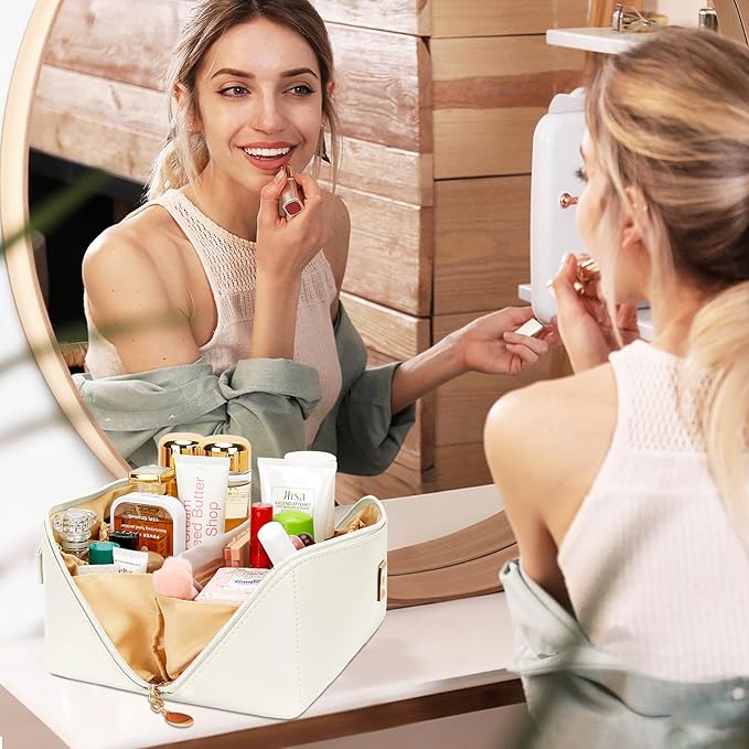 Birthday Gifts for Women Teen Girl, Personalized Initial Makeup Organizer Bag Set, Open Flat Travel Cosmetic Bag With Clear Divider and Handle(Beige,N)