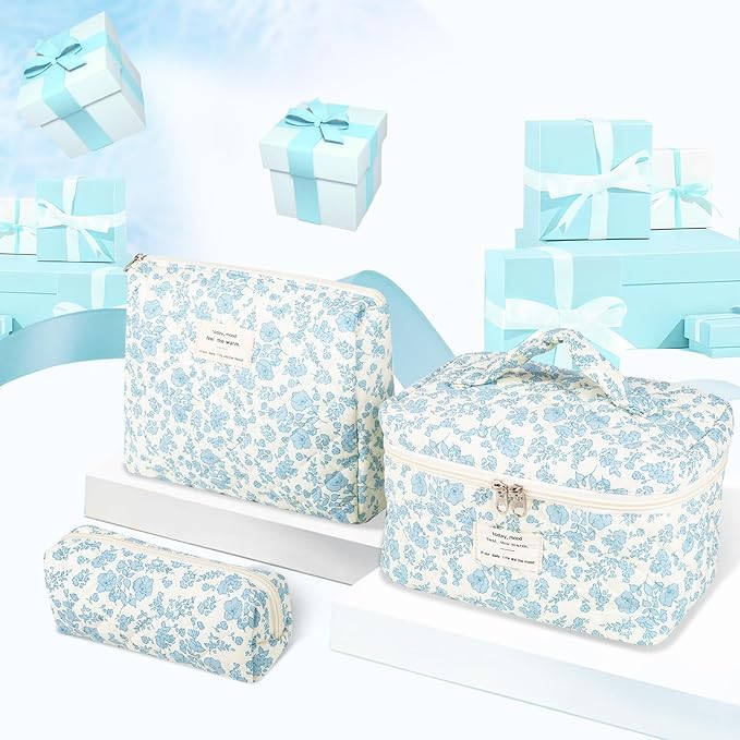 Anfly Makeup Bag, Quilted Cosmetic Bags, Large Floral Make Up Bag, Cute Makeup Bag 3PC Set for Women Girls (Blue)