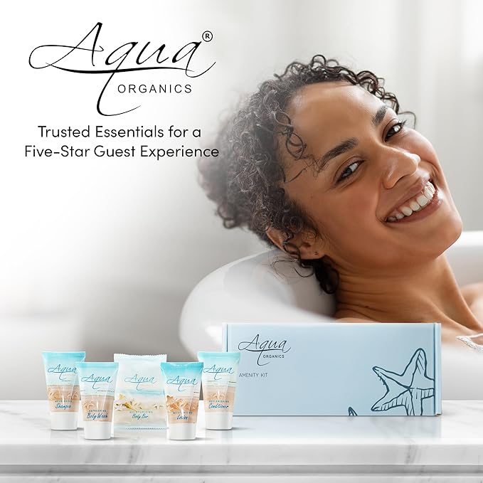 Aqua Organics Amenity Kit | Boxed Hotel Toiletries Bulk Set | 1 oz Shampoo, Conditioner, Lotion, Body Wash & Bar Soap | 300 Sets per Case