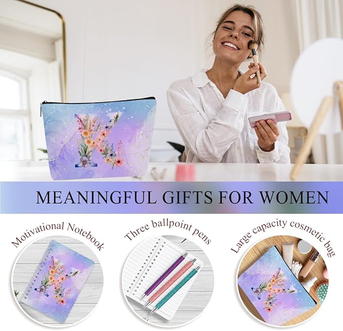 Personalized Gifts Monogrammed Birthday Gifts for Women, Soul Sister Bachelorette Party Wedding Christmas Initial 20 oz Tumbler, Makeup Bag Cup Pens Journal Notebook 6 Set, (Aesthetic Purple Flower K)
