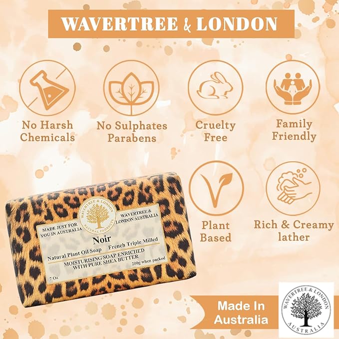 Wavertree & London Noir Scented Natural Soap (2 Bars), 7oz Moisturizing French Triple Milled Soap Bars enriched with shea butter - Pure Plant Oil Bath & Body Bars for All Skin Types