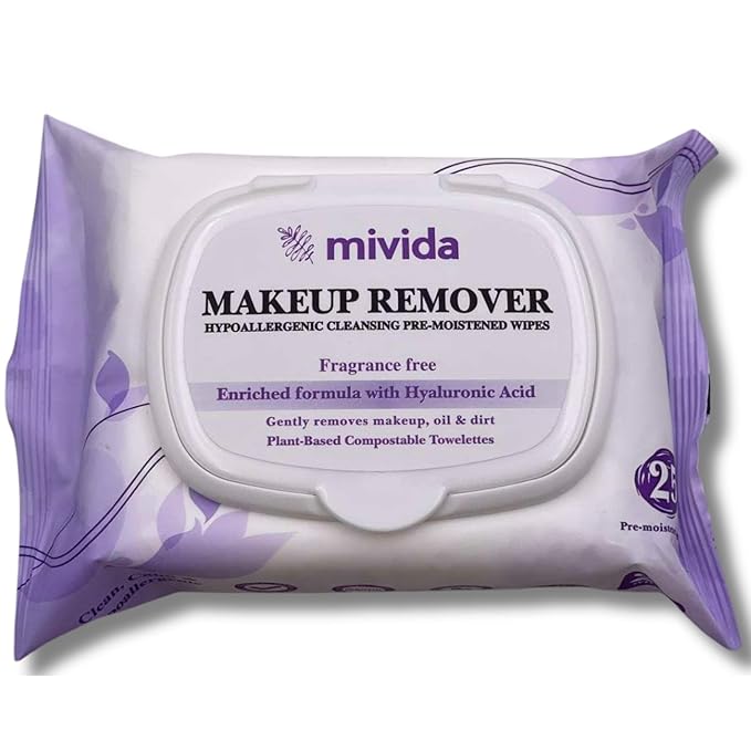 Mivida Hypoallergenic Makeup Remover Wipes with Hyaluronic Acid | Dermatologist-Tested, Biodegradable & Gentle on All Skin Types | Fragrance-Free & Alcohol-Free, 25 Count