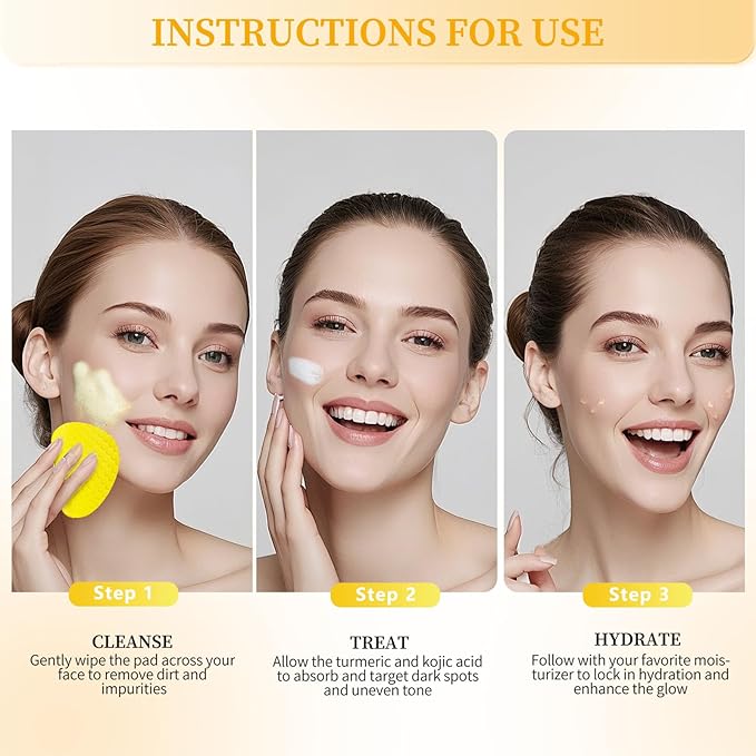 Turmeric Kojic Acid Cleansing Pads for Dark Spots, Lemon Turmeric Pads with Vitamin C & E, Deep Clean Pores, Hydrate & Plump Skin Exfoliating with Kojic Acid 50 Count