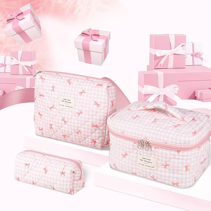 Anfly Makeup Bag, Quilted Cosmetic Bags, Large Floral Make Up Bag, Cute Makeup Bag 3PC Set for Women Girls (Pink)