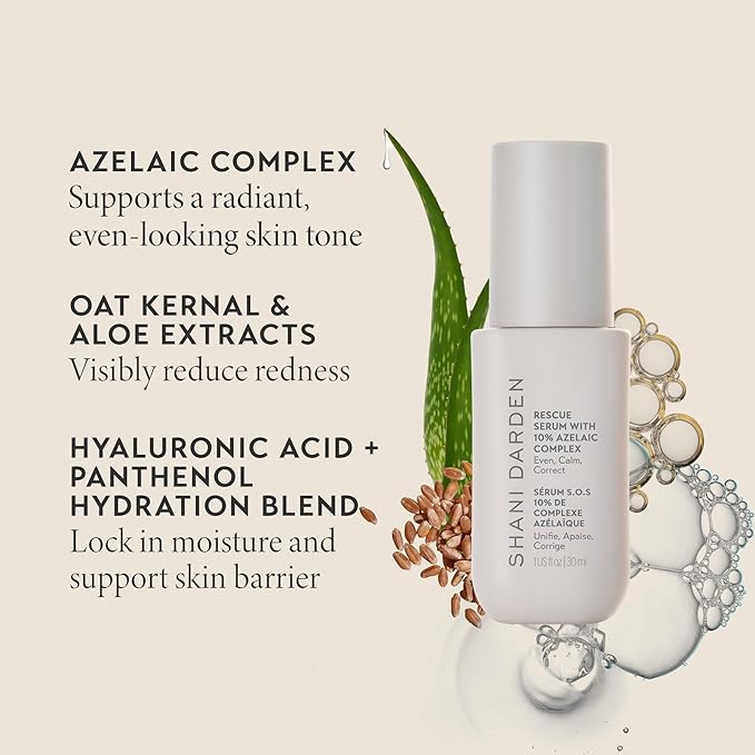 Shani Darden Rescue Serum with 10% Azelaic Complex, Lightweight Hydrating Azelaic Acid Serum for Face with Oat Kernel & Aloe Extracts, Helps Skin Redness & Acne, Non-Comedogenic, Vegan, 1 fl oz