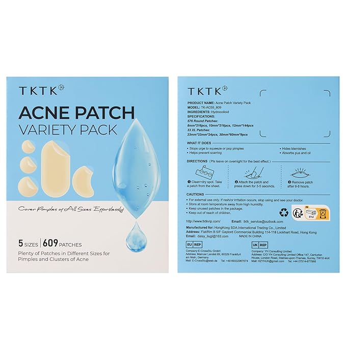 TKTK 609 Count Pimple Patches for Face, Hydrocolloid Acne Patch Bulk, Acne Stickers for Covering Cheeks, Forehead, Chin Blemishes Zit Breakouts for All Skin Types (Dots, Strip, Contoured 5 Sizes)