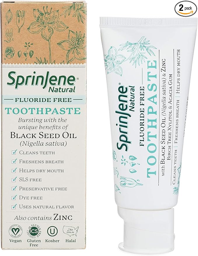 SprinJene Natural Toothpaste – Fluoride Free Clove & Mint Toothpaste for Healthy Gums & Fresh Breath – Gum Care with Patented Black Seed Oil & Zinc – Made in The USA (2 Pack)