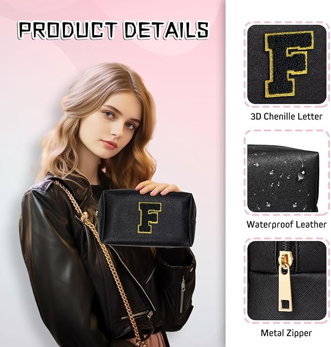 TOPEAST Initial Makeup Bag, Personalized Initial Bags with Zipper, Cute Makeup Pouch, PU Leather Waterproof Cosmetic Bag, Birthday Gift for Women, Preppy Things for Girls (Black A)