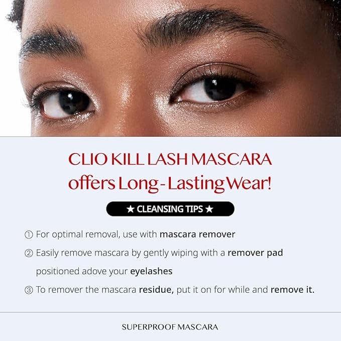 CLIO Kill Lash Superproof Mascara, Waterproof Mascara Black, Volumizing for Natural Curling Eyelash, Long-Lasting, Clump & Smudge-Free, for Sensitive Eyes, Korean Makeup Beauty (002 Volume Curling)